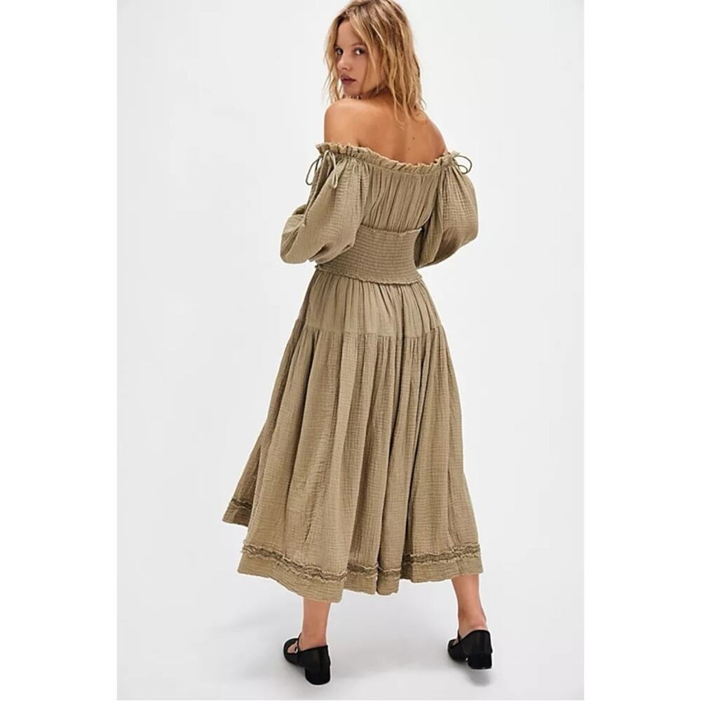 Free People Bohemian Witchy Gypsy Midi Maxi Gauze Dress Olive Small Renaissance - Picture 2 of 14